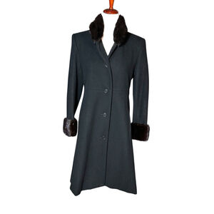 VTG Steve by Searle Black Wool Cashmere Midi Coat Mink Fur Trim USA 6P Petite